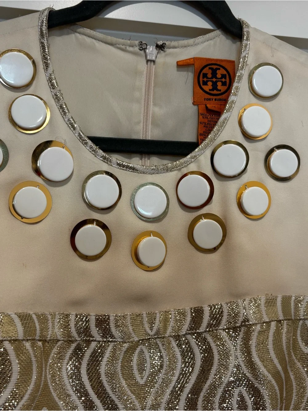 Tory Burch Cream and Gold Embellished Wave-Pattern Mini Dress